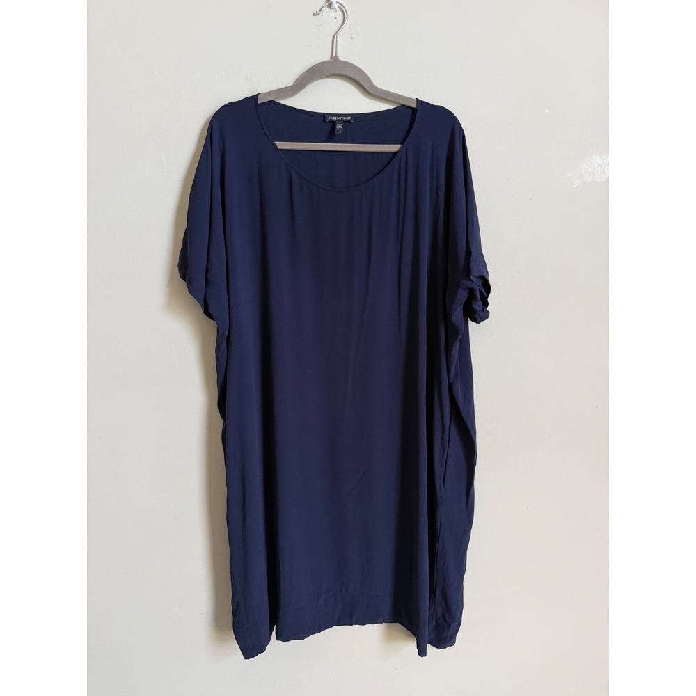 Eileen Fisher Silk Short Sleeve Pocket Shift Dress Navy Blue Women's Large